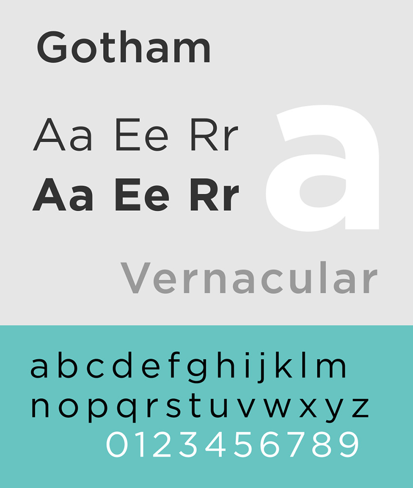 Type specimen for Gotham typefacebyAlexhbis licensed underCC BY-SA 30