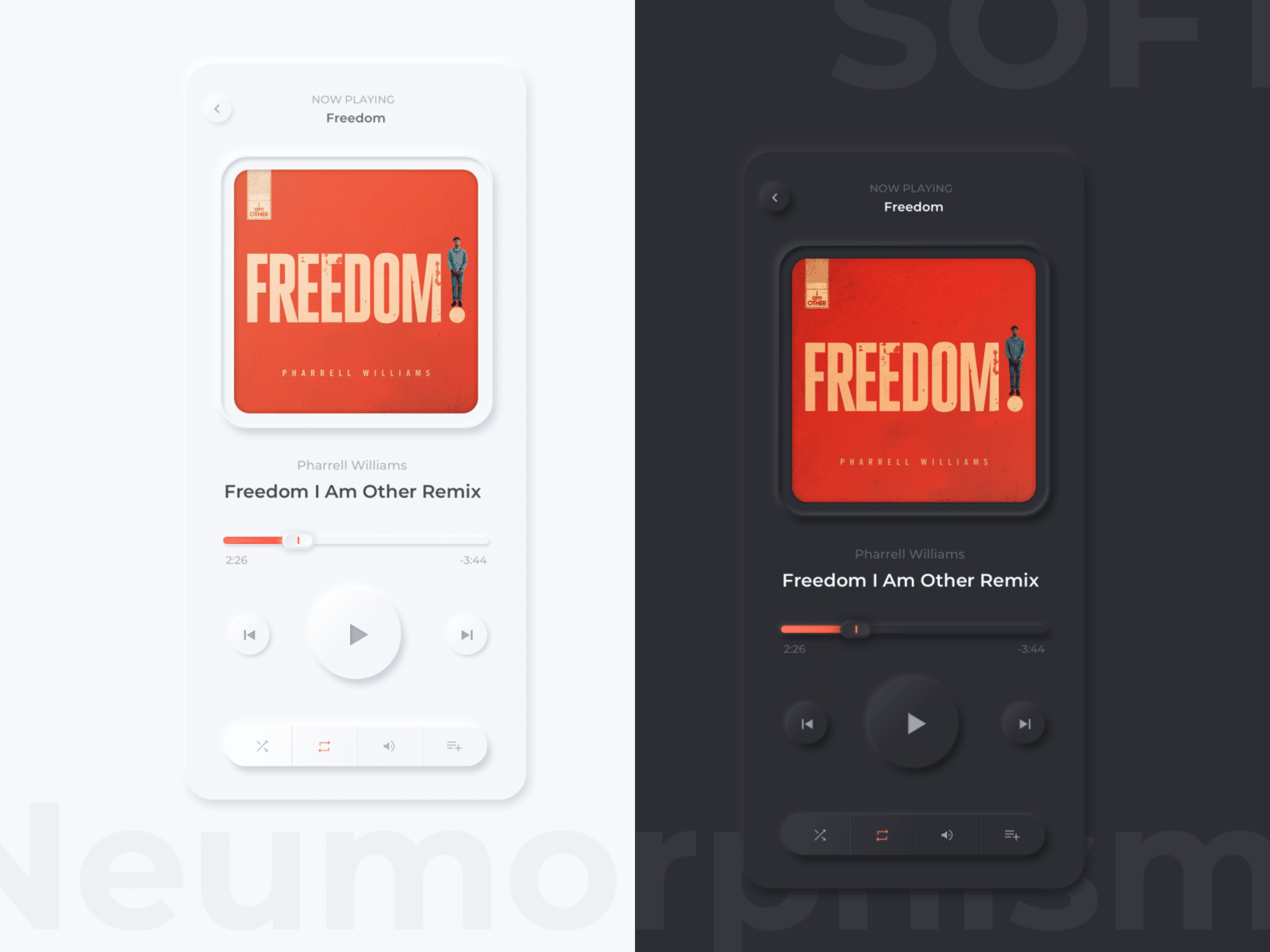 Light and dark mode of a music player. The dark mode one has way better contrasts.