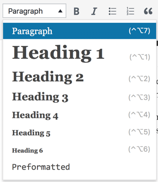 Dropdown in WordPress admin interface with Heading 1 through 6 and paragraph.