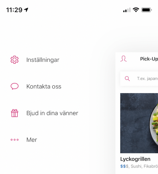 Menu that expands from the side with settings, contact and more.