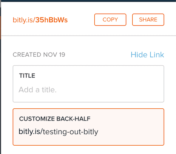 The bit.ly interface that shows the Customize Back-Half field with the URL typed 'testing-out-bitly.'
