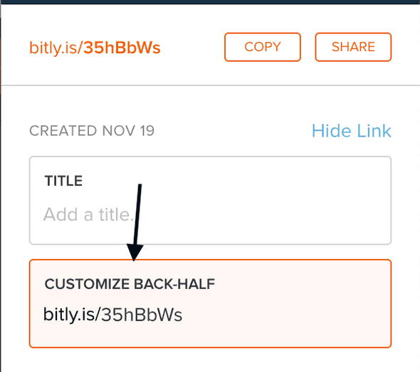 The bit.ly interface that shows the Customize Back-Half field with the randomly generated URL.