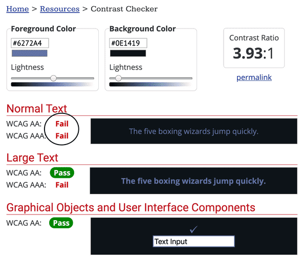 Color Contrast Checker from webaim testing out the comment foreground color hex #6272A4 and the background color #0E1419. The color contrast is failing all but large text with a contrast of 3.93:1.