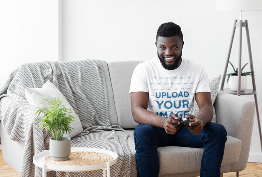 T-Shirt Mockup of a Man Playing Video Games