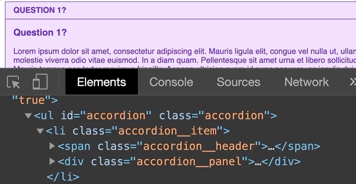 Clicking on 'Question 1' and seeing the accordion__panel class has a visually-hidden class being toggled.
