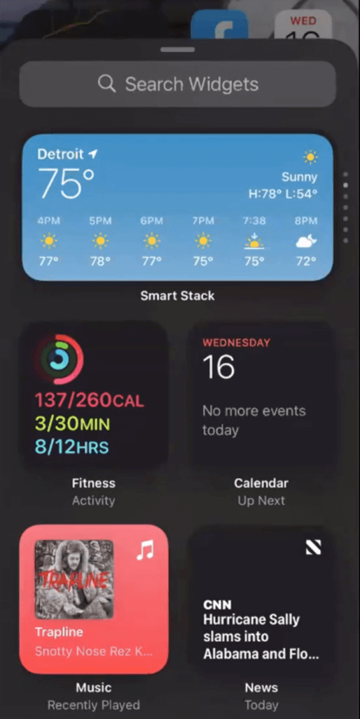 Screenshot of new iOS 14 widgets, like weather, health, calendar and more
