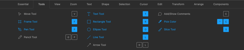 Figma keyboard shortcuts help panel