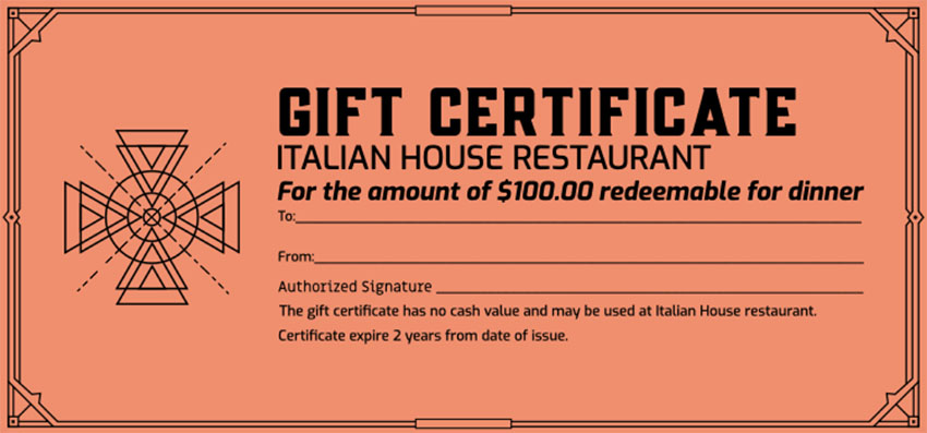 Gift Certificate Template for an Italian Restaurant
