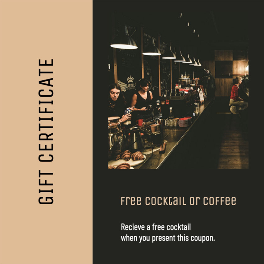 Gift Certificate Template for Bars or Cafes