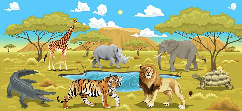 African Landscape with Wild Animals Illustrations