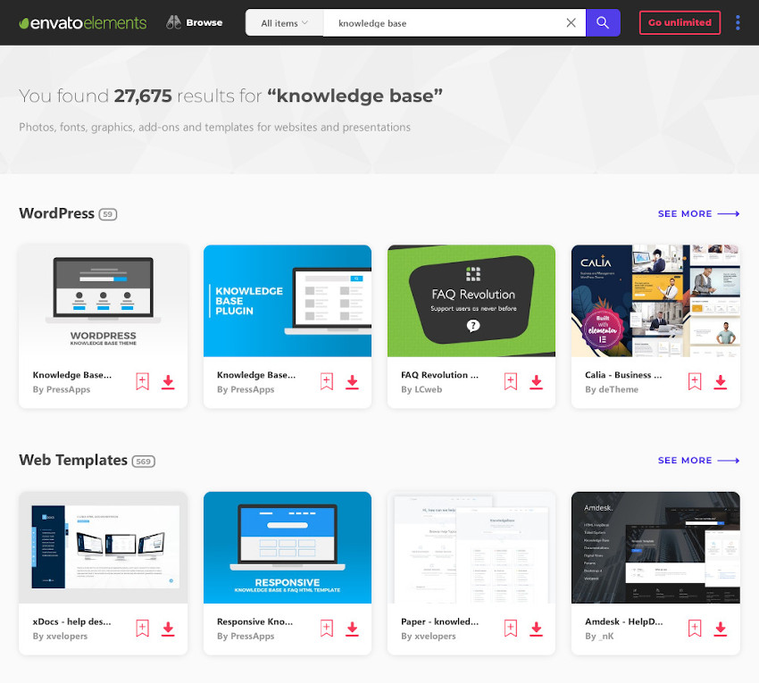 Some of the knowledge base themes WordPress wiki themes and documentation templates on Envato Elements with unlimited access