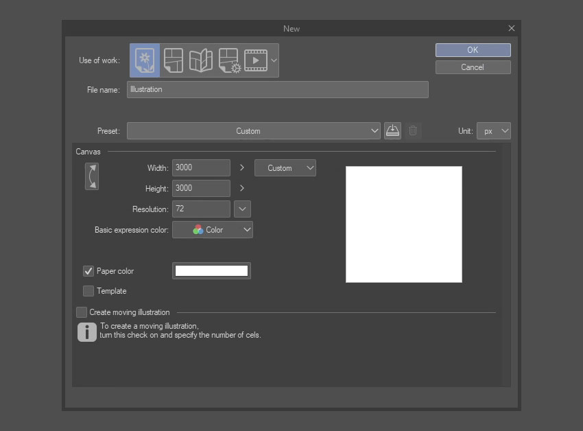 create new document in clip studio paint