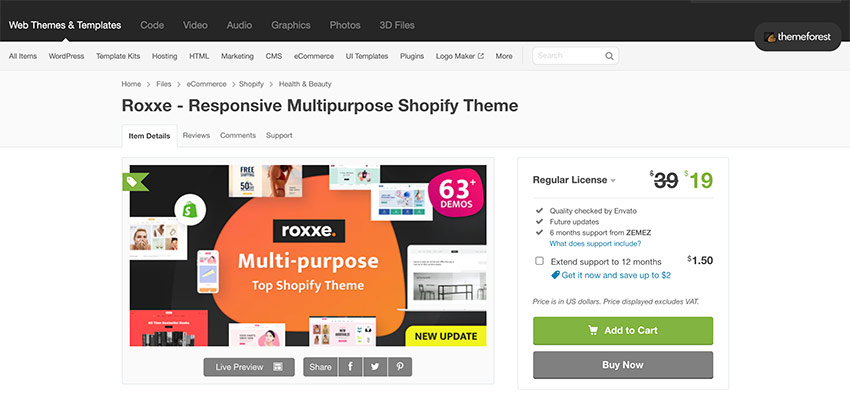 Roxxe Shopify theme available on Themeforest