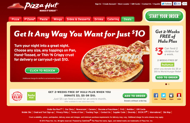 red pizza hut clean website homepage