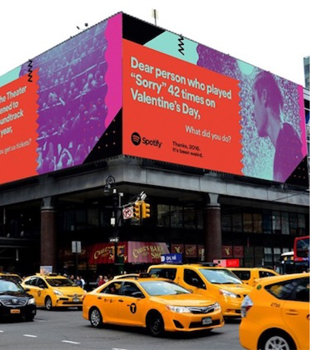 A billboard in New York featuring a message to Spotify listeners
