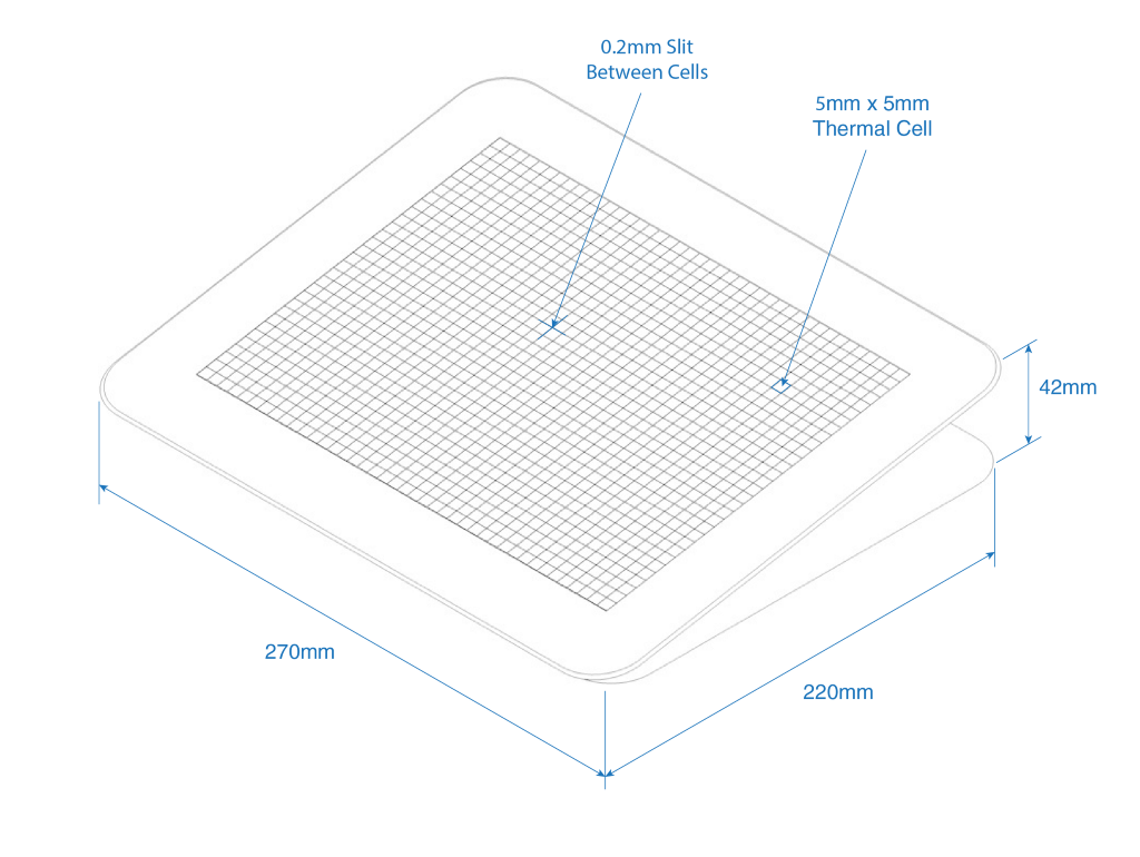 Isometric blueprint of the heated tablet that looks like an iPad.