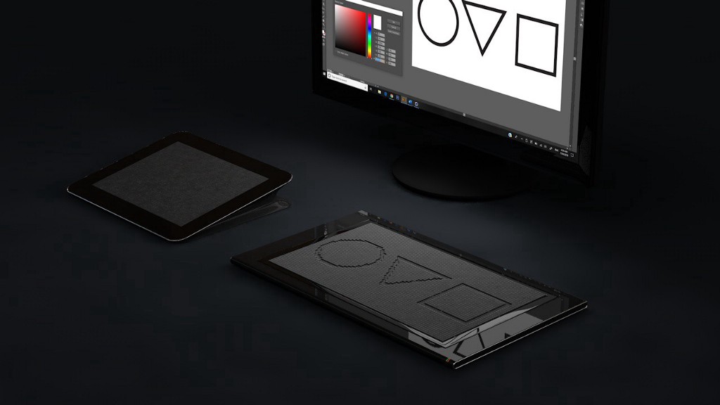 A 3D rendering of the heat pad tablet, tactile display with three indented shapes and a monitor displaying the same shapes.