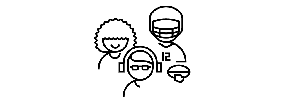 3 different kinds of people, a woman, a football player and a boy with headphones