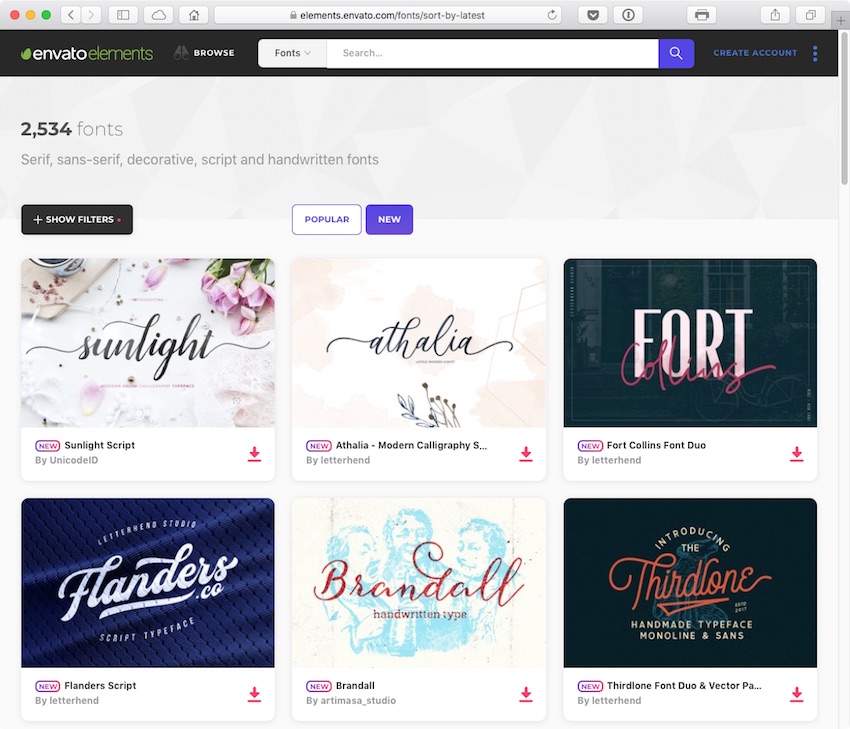 Browsing hundreds of fonts at Envato Elements