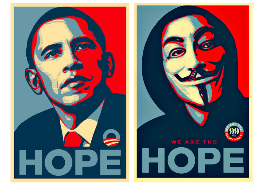 Left, Shepherd Fairey's poster design for 'HOPE' (2008), and Right, his design 