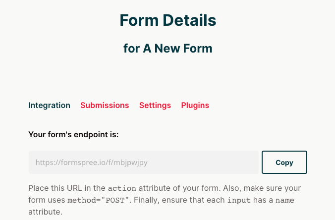 Formspree form UI with form endpoint showing