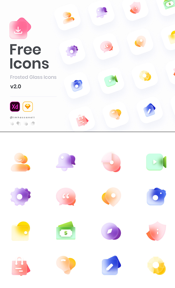 Free Glass Icons Set for Sketch and XD -16 Icons