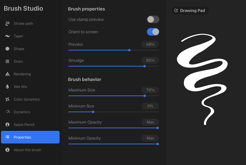 procreate brush properties