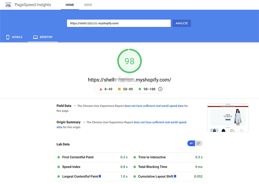 Test theme page speed with PageSpeed Insights tool