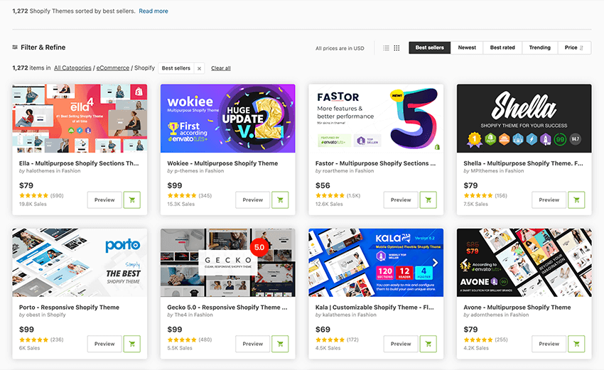 Bestsellers Shopify themes @ themeforest.net