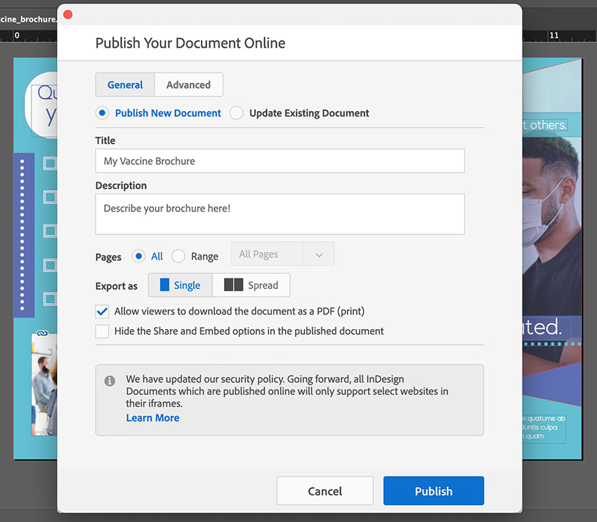 indesign publish settings