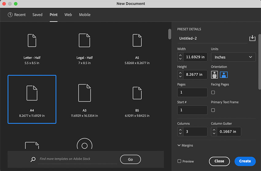 indesign new document