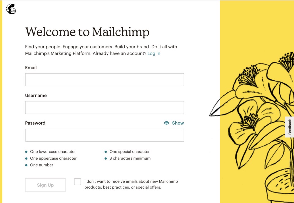 Welcome to Mailchimp signup screen