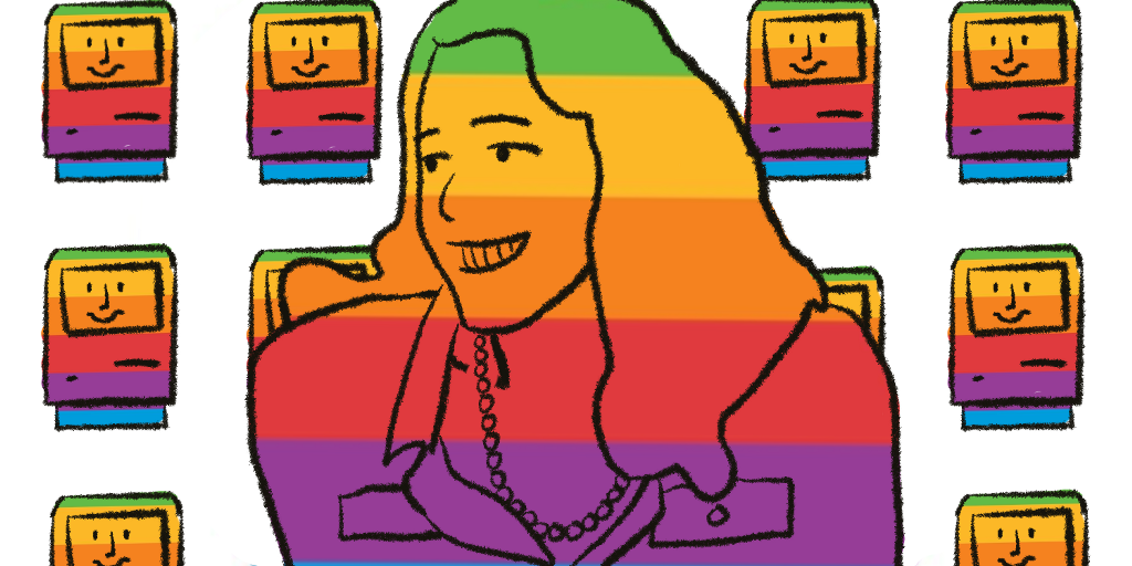 A drawing of a smiling woman (Susan Kare) with a background of smiling, rainbow Macintosh computer