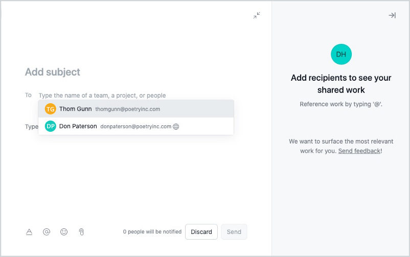 Asana new messages screen showing recipient inputs