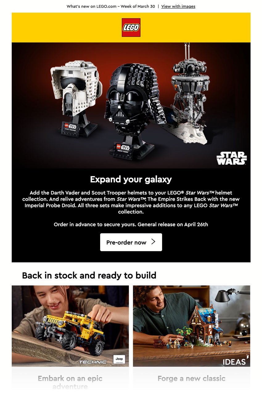 LEGO email, with licensed font, ‘Cera Pro Medium’ implemented.
