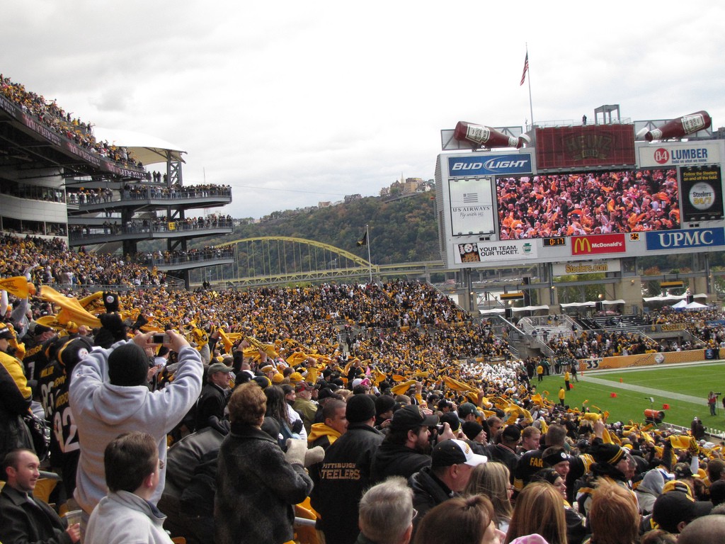 Steeler fans at Heinz field celebrating a touchdown.