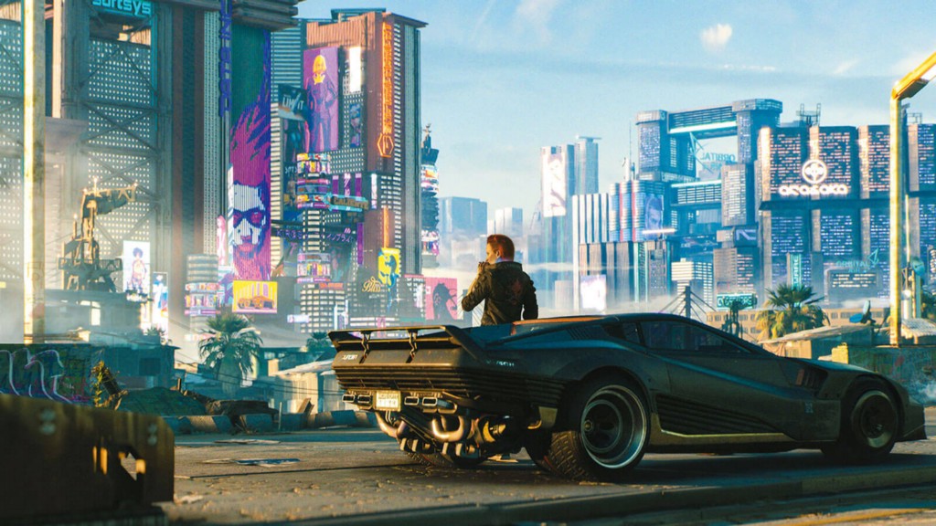 A cityscape screenshot from the videogame “Cyberpunk 2077”.