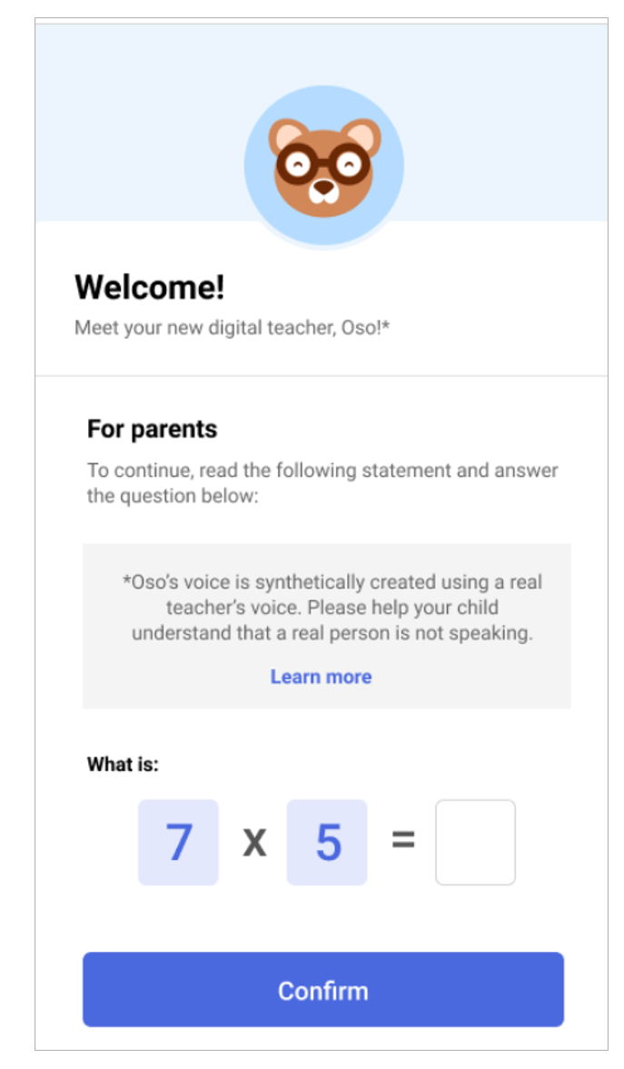 A transparent introduction optimized for parents ensures that an adult is made aware of the synthetic nature of the voice before a child interacts with it.