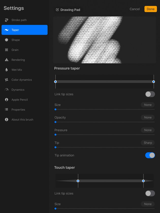 Procreate Taper Settings