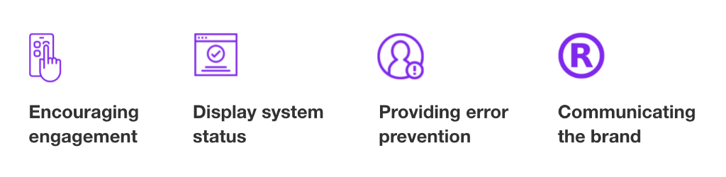 Four reasons why micro-interactions can improve a product. Encourage engagement, display system status, providing error prevention, and communicate the brand.