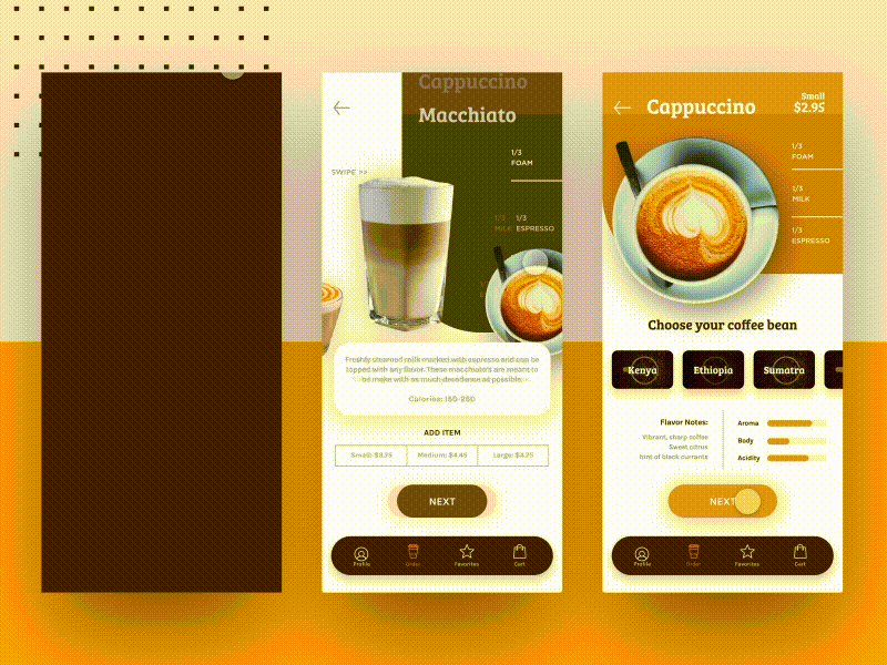 Coffee app interfaces showing mirco-interactions and animations throughout the ordering flow.