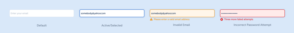 The four different states of a single input field. Default state, active state, invalid email state, and wrong password state.