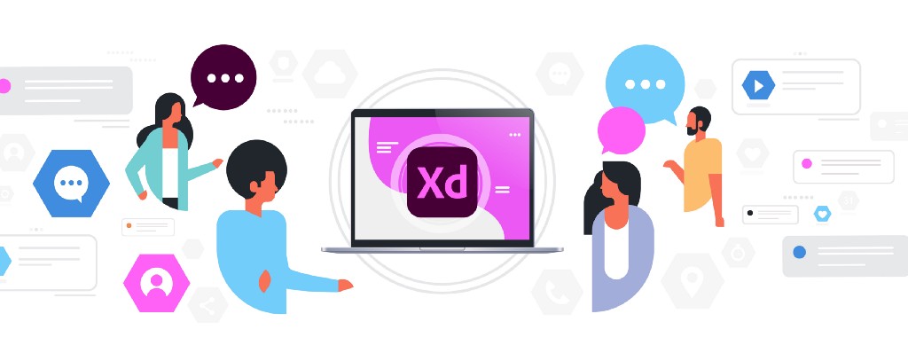 Illustration of people with surrounding UI elements and a laptop with the Adobe XD logo on it.