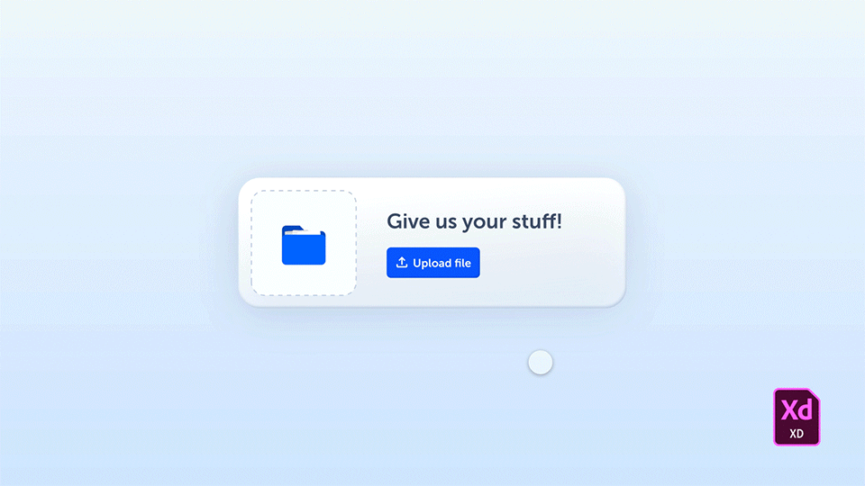 A demonstration of an animated upload response design in Adobe XD. Showing a progress bar animation and a file being inserted into a folder.