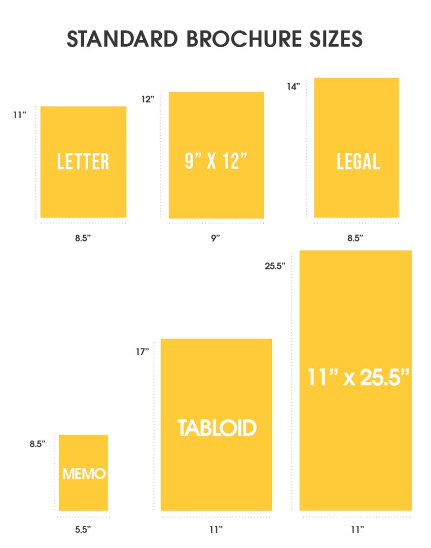 standard brochure sizes dimensions letter legal memo tabloid