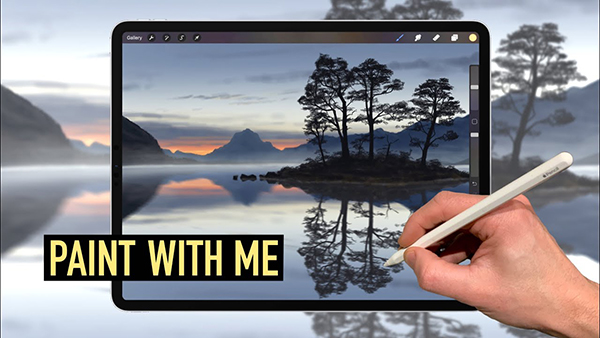 How to Draw Digital Painting (Tree Island Lake landscape art) in Procreate Tutorial
