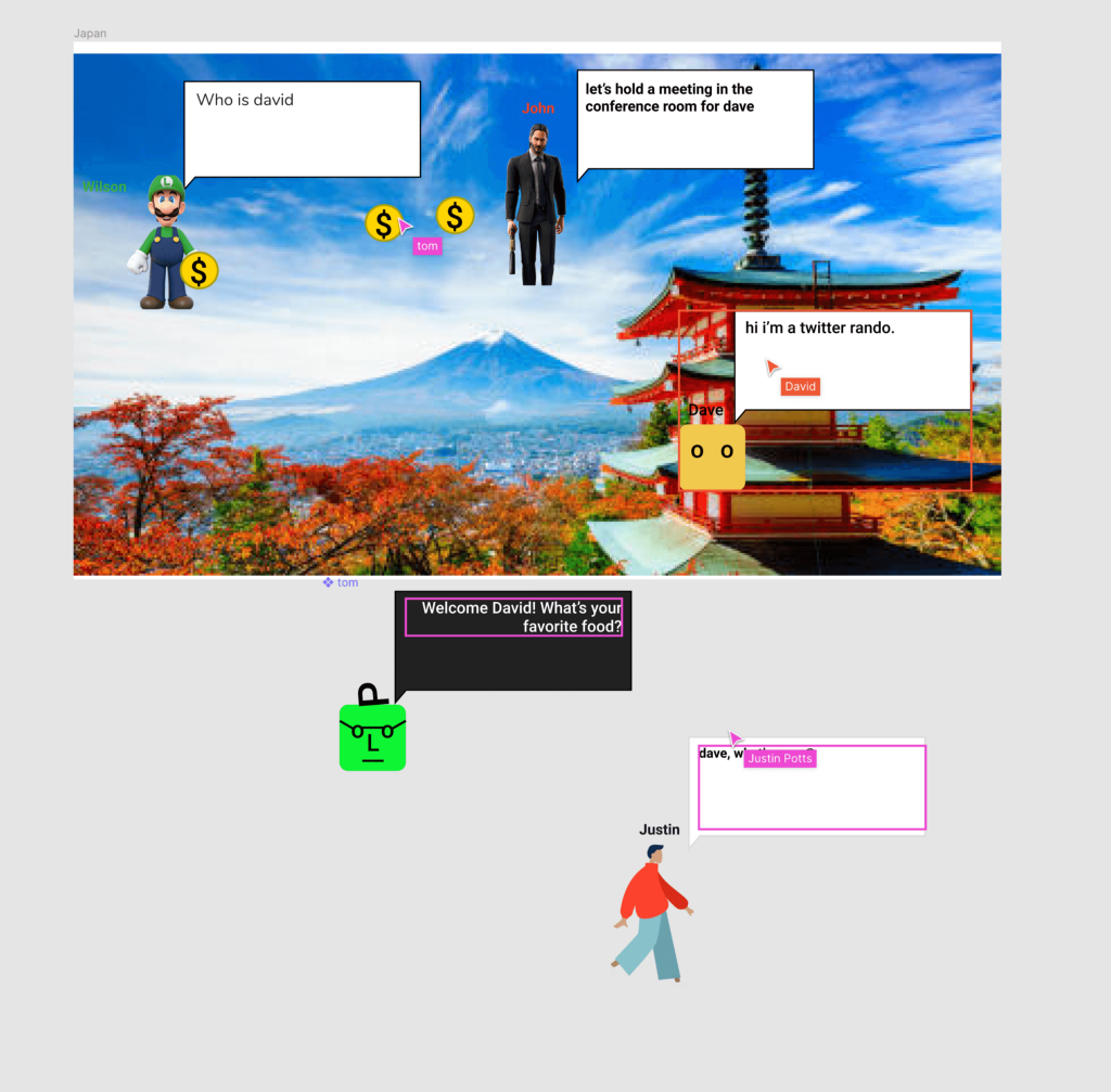 A screenshot of Figma being used as a messaging app, where each participant has drawn an avatar for themselves