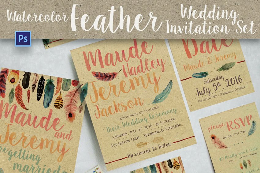 Watercolor Feather Wedding Invitation