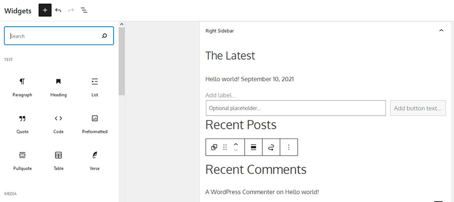 The new, block-based WordPress Widgets screen.