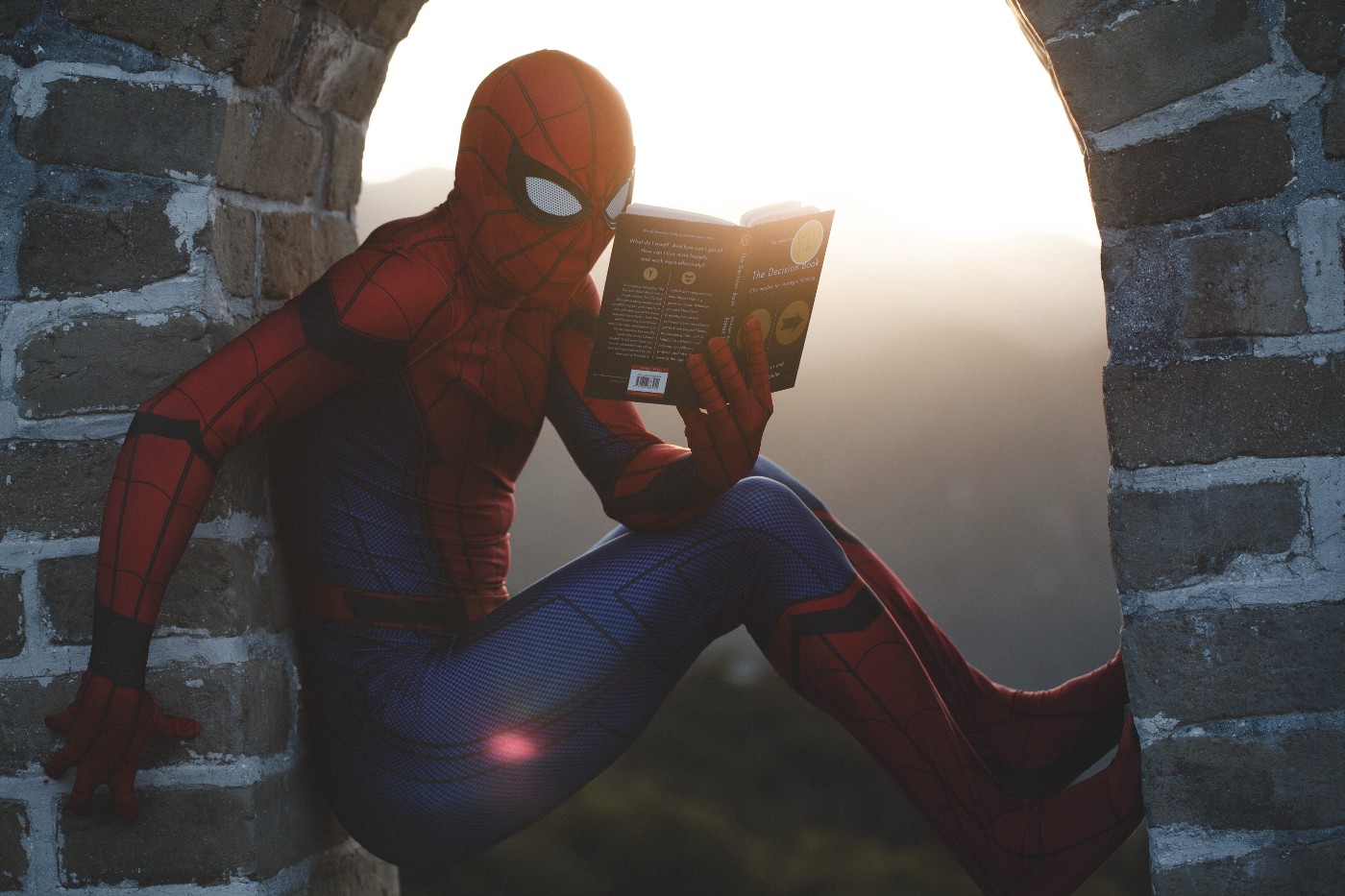 Spiderman reading The Decision Book.